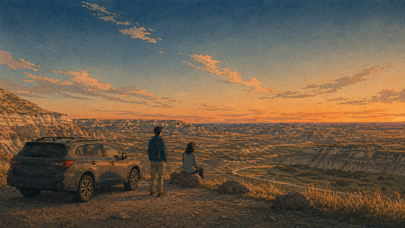 日本人旅行者がロードトリップの終わりにBadlandsの夕暮れを見る日本の木版画風イメージ