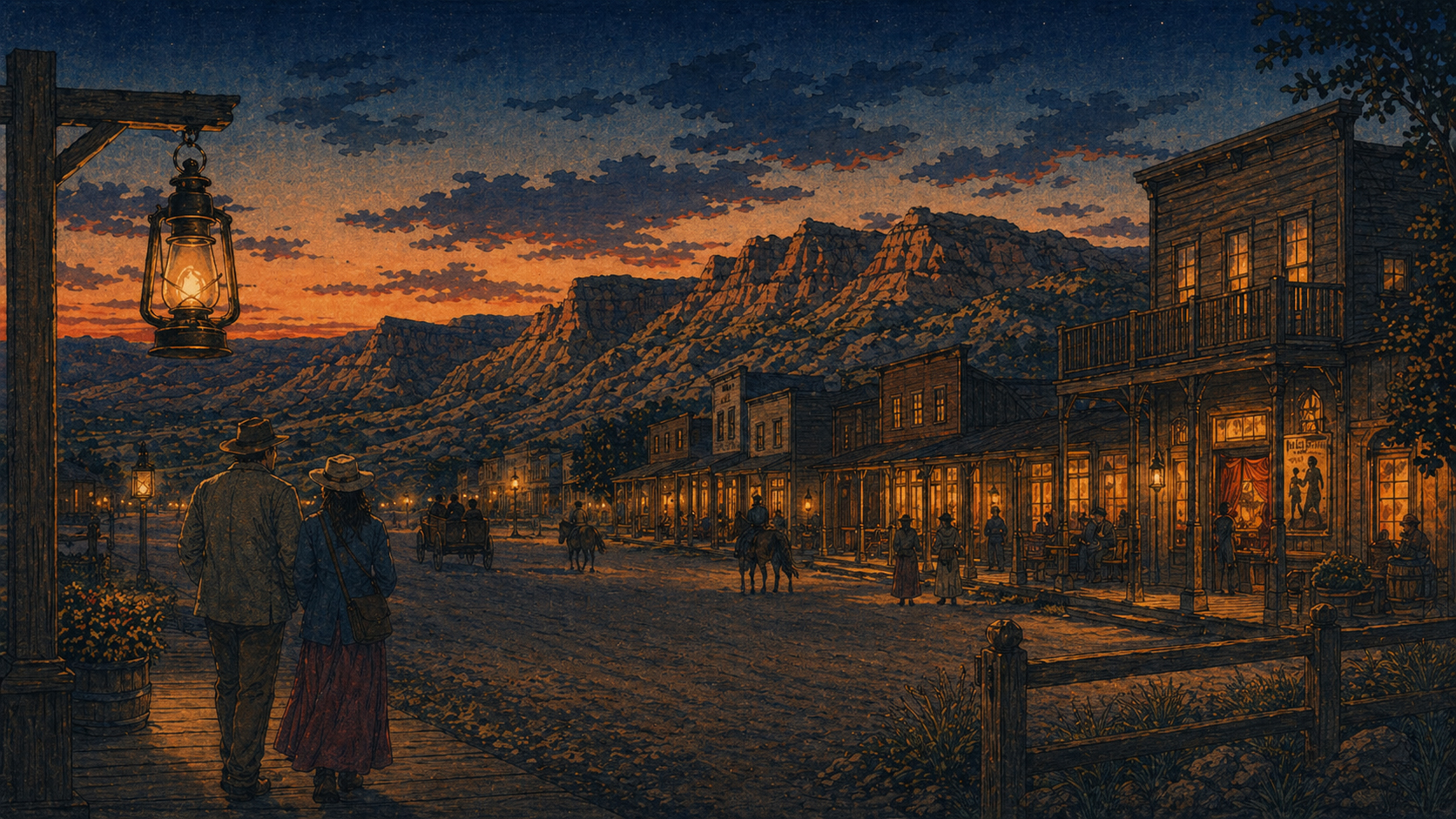 Medora Musicalの後、Badlandsの夜と町の灯りを描いた日本の木版画風イメージ