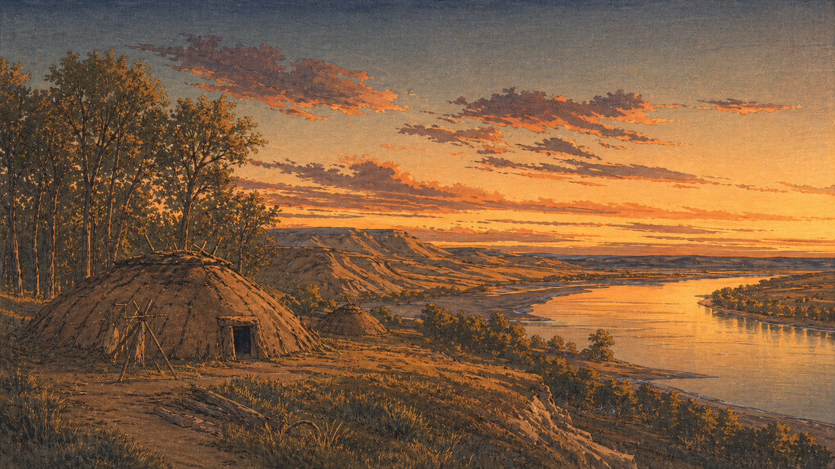夕方のMissouri Riverとearth lodge、ノースダコタの土地の記憶