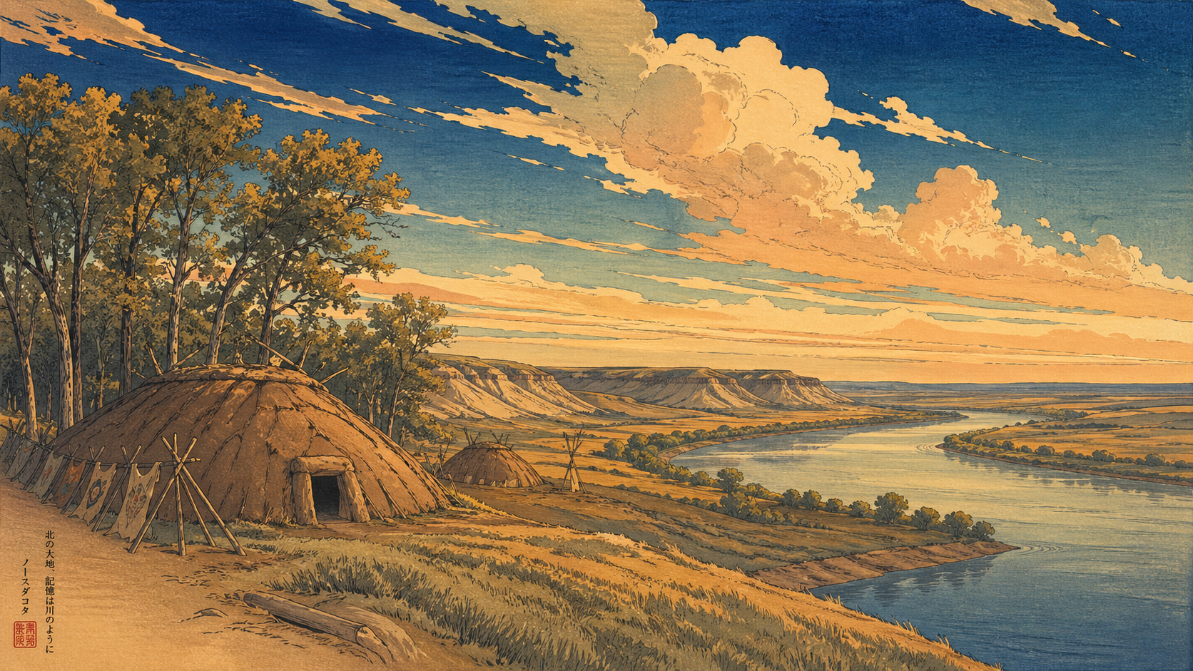 Missouri River、earth lodge、広い空、ノースダコタの土地の記憶を描いた日本の木版画風イメージ