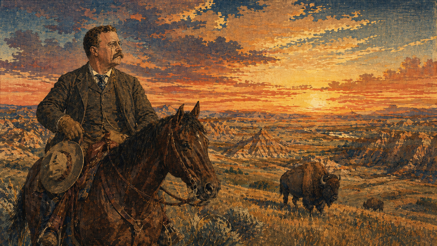 ノースダコタのBadlands、夕暮れのバイソン、Medoraの町を描いた日本の木版画風イメージ