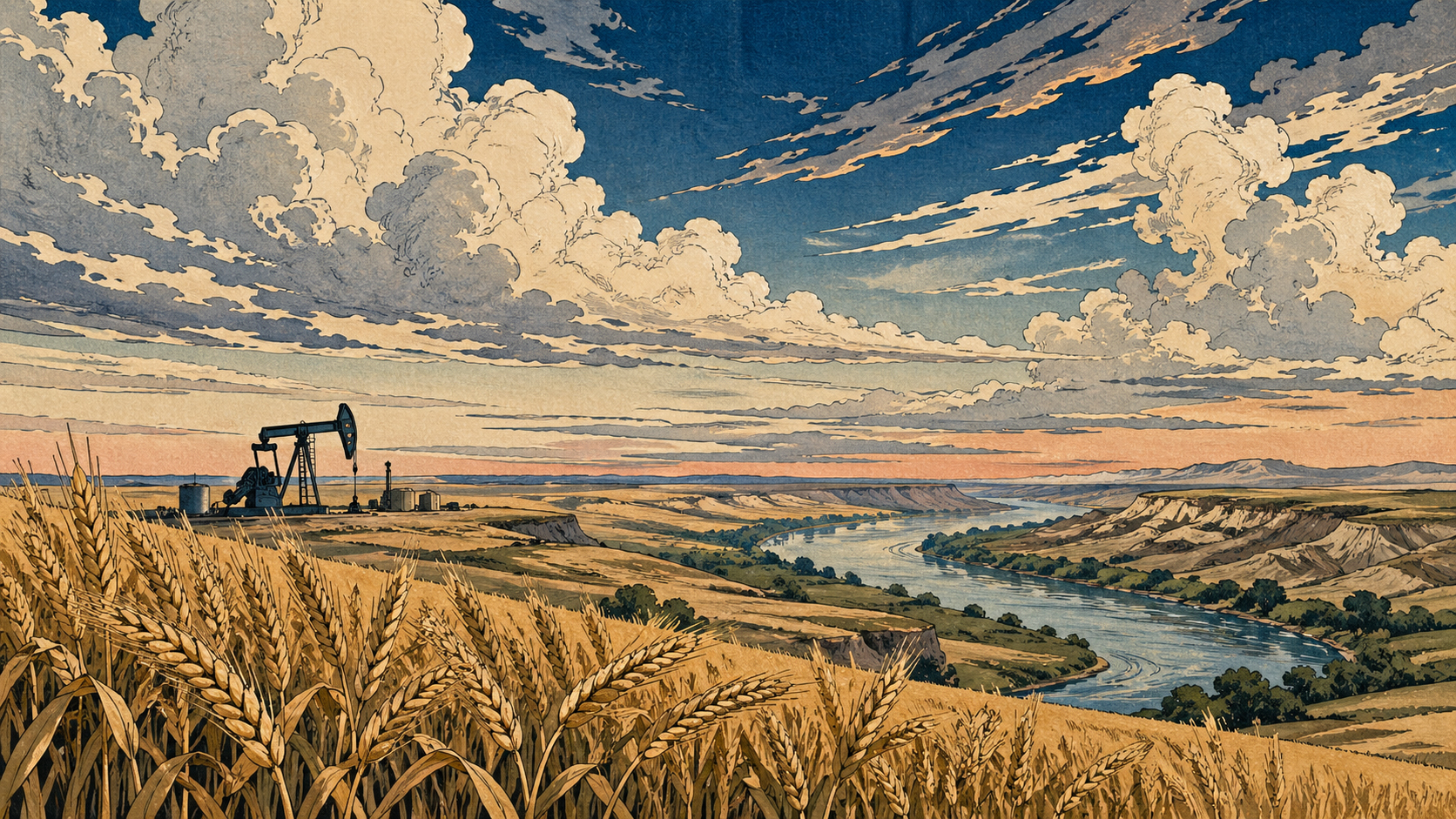 ノースダコタの麦畑、油井、Missouri River、巨大な空を描いた日本の木版画風イメージ