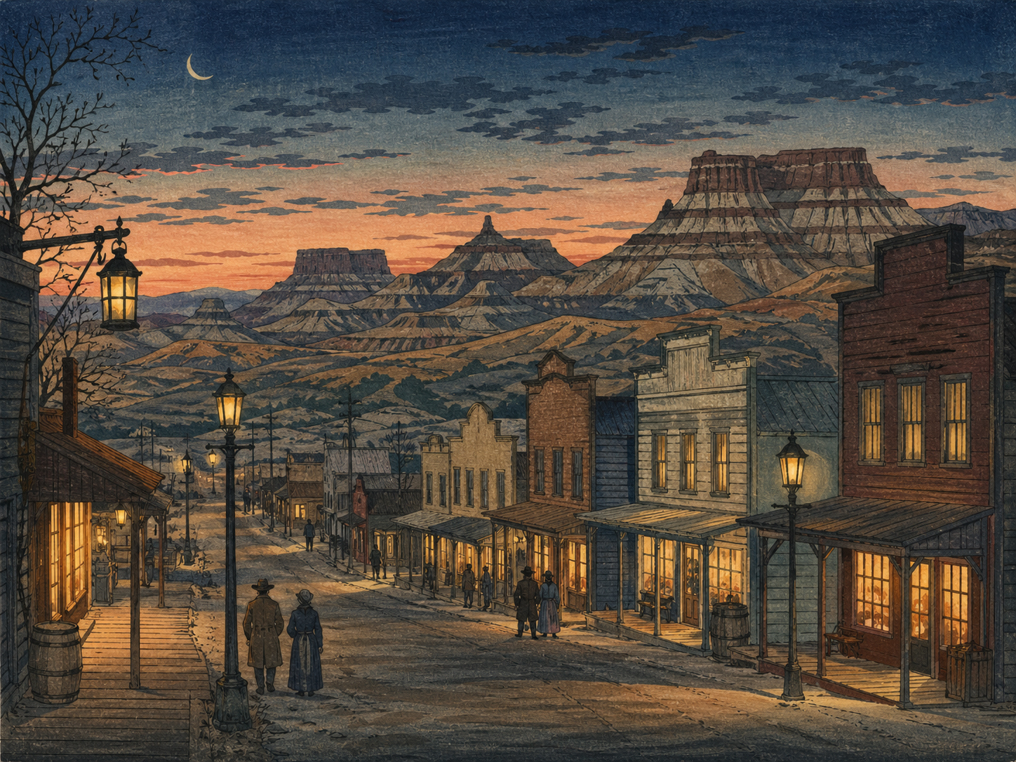 メドラの町とバッドランズの夕景、日本の木版画風