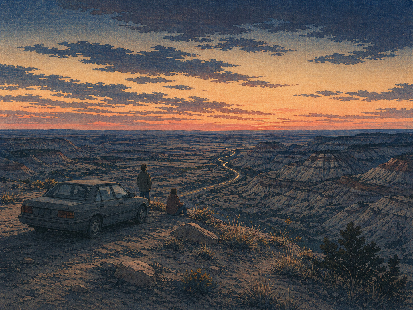 長い運転の後、Badlandsの展望台に立つロードトリップの夕暮れ