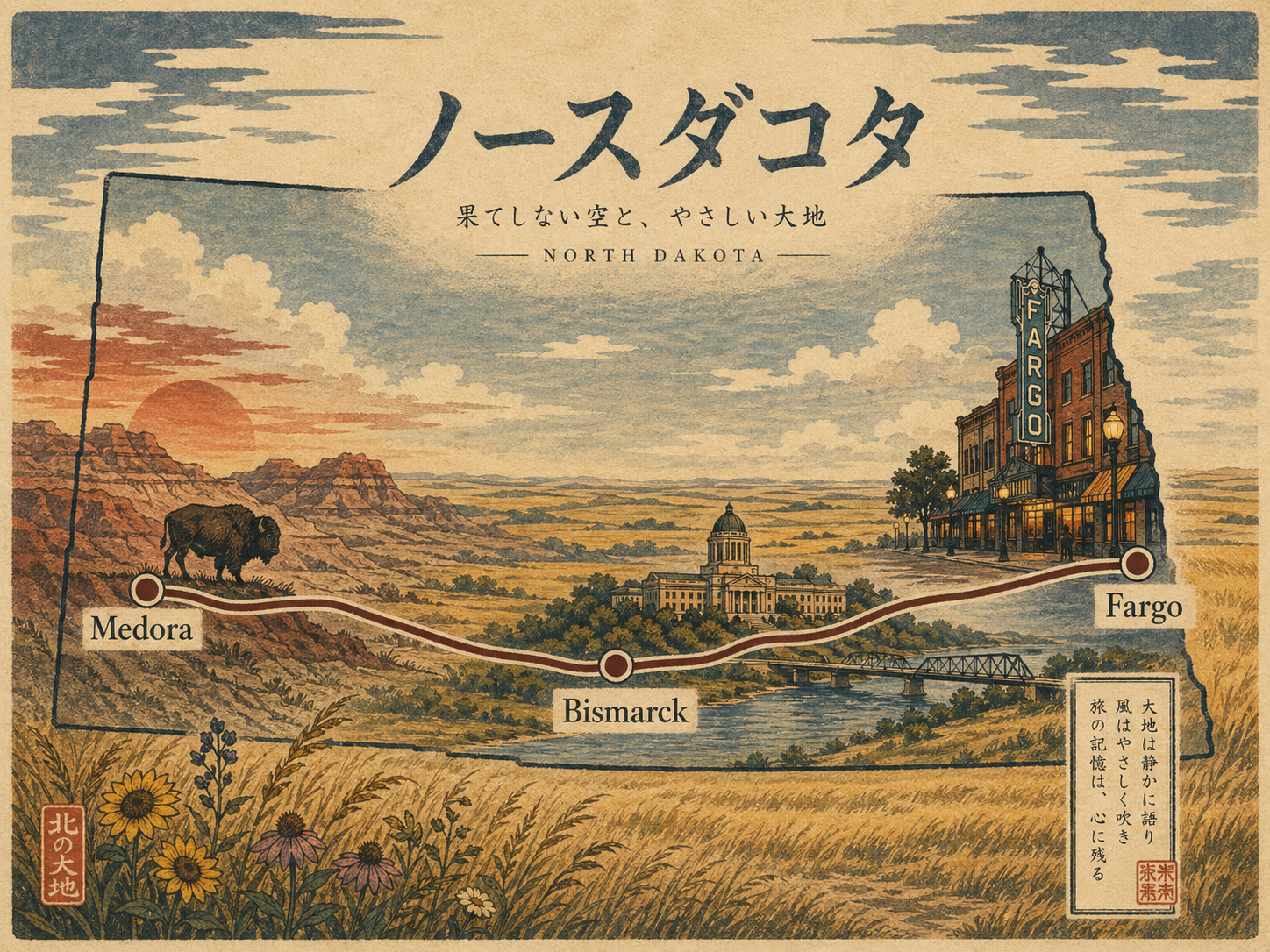FargoからBismarck、Medoraへ向かうノースダコタ横断ロードトリップのイメージ